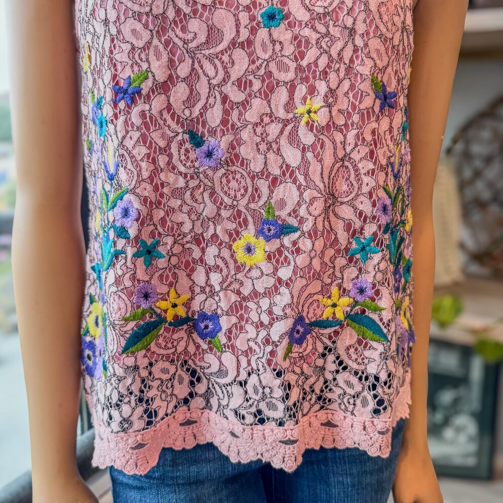 BluHeaven Pink Floral Embroidered Lace Sleeveless Top High Ruffled Neck,  Small - Picture 10 of 10